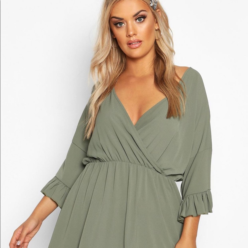 Ruffle sleeve wrap front skater dress